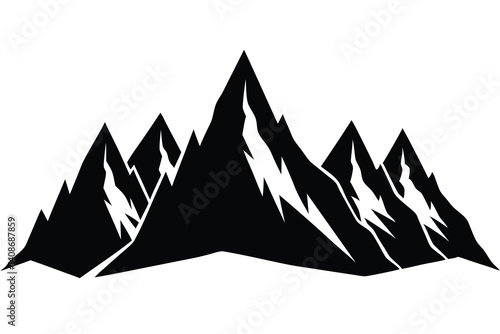 Mountain Peaks Silhouette, Snowy Tops on Transparent Background, Rocky Ridge Landscape