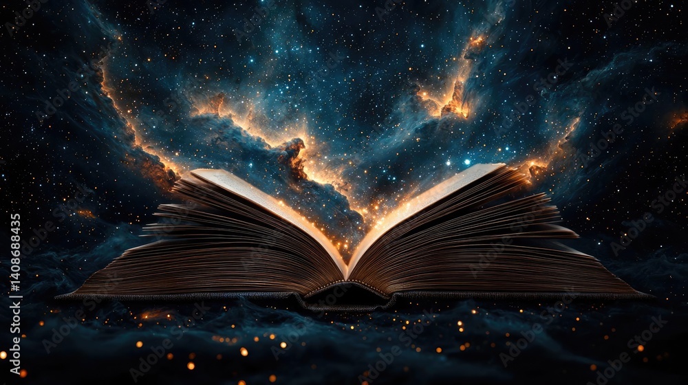 Open book under starry sky filled with galaxy and knowledge concept. An open book revealing a vibrant cosmic scene.