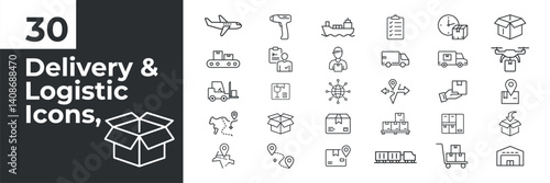 Icons show different delivery and logistic actions with vehicles packages containers and tools used in shipping and transportation