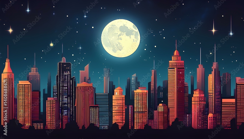 Naklejka premium pixel art illustration of night city skyline with full moon