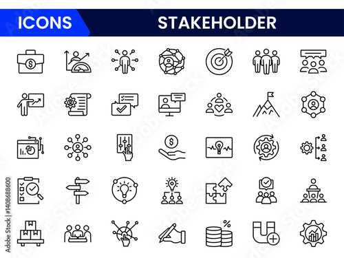 Vector line icon collection for stakeholders—representing investors, partners, employees, and community members. Ideal for business presentations, strategy discussions, and corporate engagement visual