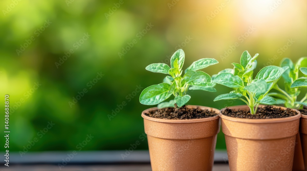 Fresh green seedlings in brown pots on sunlit background Fresh green seedlings in brown pots on sunlit background