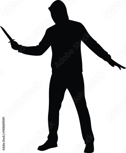 Silhouette Man in Hoodie with Knife, Action Pose on Transparent Background