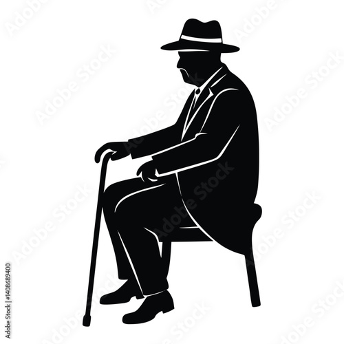 Silhouette of an Elderly Man Sitting on Chair with Cane on Transparent Background