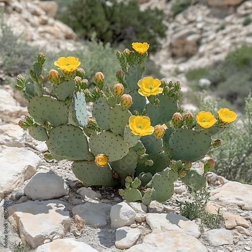 Prickly pear cactus in bloom.  Bright yellow flowers adorn a cluster of green pads on a rocky hillside