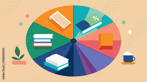 A pie chart displaying the different genres of books published each year with illustrations of book covers and snippets of popular reviews to showcase the evolving tastes and. Vector illustration