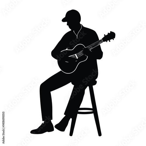 Silhouette Of Man Seated Playing Guitar Against Transparent Background