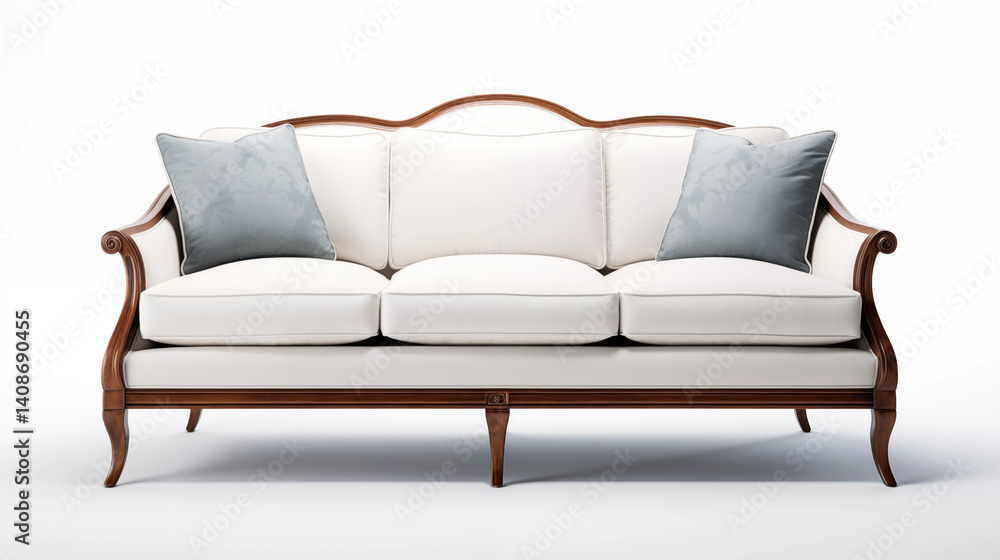 White Sofa with Wooden Frame Three Seats Blue Pillows White Sofa with Wooden Frame Three Seats Blue Pillows