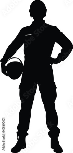 Silhouette of Pilot Standing Holding Helmet Isolated on White Background