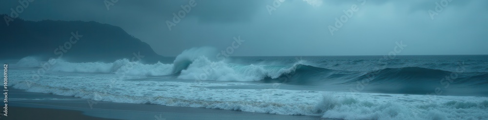 Naklejka premium Dark grey ocean, heavy fog, curling waves breaking , sand, mysterious