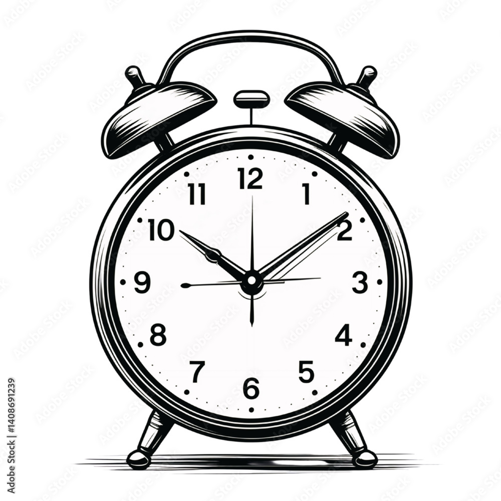 Vintage Alarm Clock Illustration in Black and White