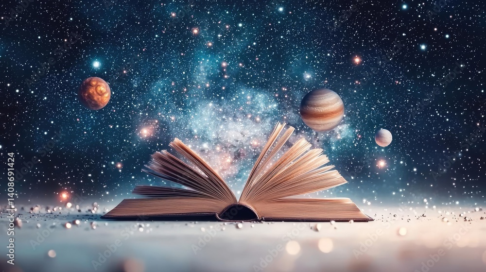 Naklejka premium Open book under starry sky filled with galaxy and knowledge concept. An open book revealing a cosmic universe full of planets.