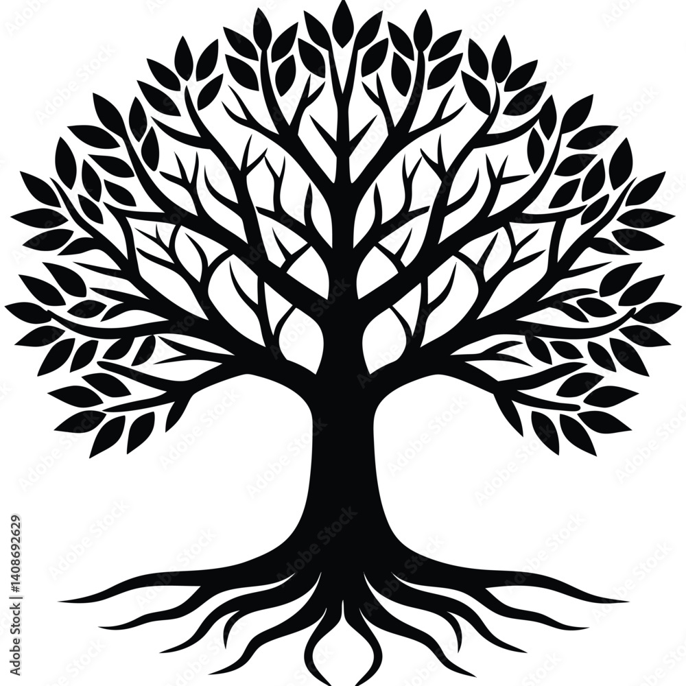 Obraz premium Tree of Life Silhouette, Rooted Tree Isolated on White,
