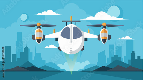 The eVTOL gracefully rises from the ground its powerful engines propelling it vertically into the sky from the tingedge airport.. Vector illustration