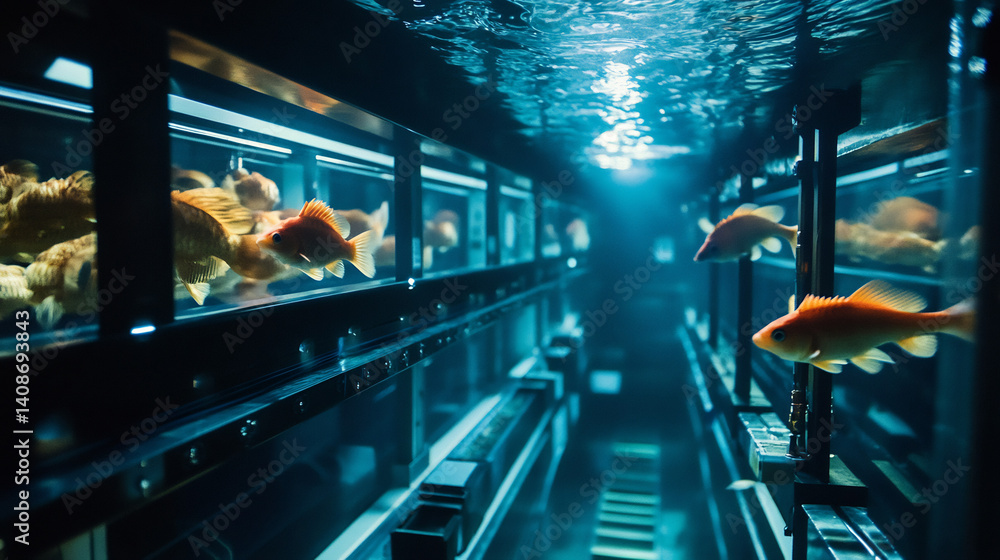Obraz premium Deep sea research lab with artificial lighting illuminating various fish species in a high tech environment
