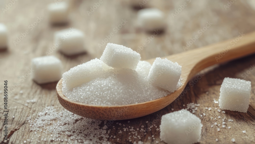Sweetness in a Spoon: Granulated Sugar Cubes and Powdered Sugar on Wooden Spoon Sweetness in a Spoon: Granulated Sugar Cubes and Powdered Sugar on Wooden Spoon