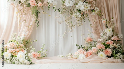 Soft peach and white floral backdrop for a romantic event.