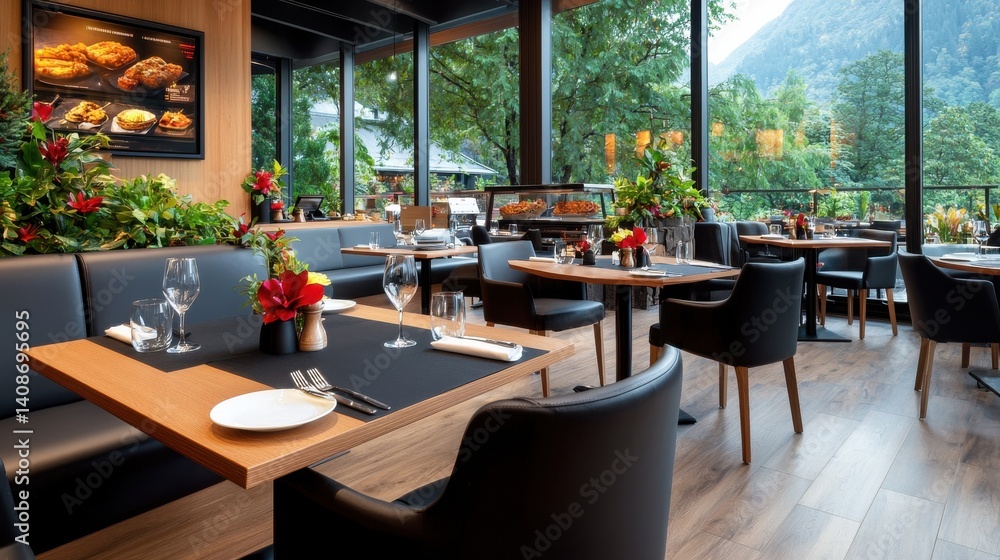 Obraz premium Cozy and Inviting Modern Restaurant Interior with Panoramic Nature View Elegant Dining Cafe Bistro Furniture and Decor with Comfortable Seating Glass Overlooking Outdoor Landscape