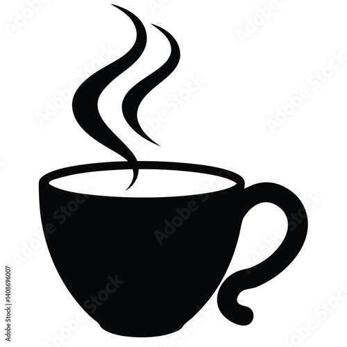 Black cup silhouette with steam, hot drink sign, simple design on white background