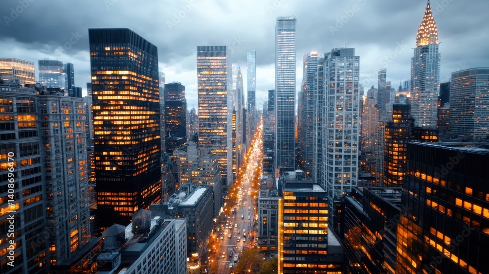 Fototapeta premium Illuminated cityscape at night featuring a panoramic view of a modern metropolis with towering skyscrapers bustling streets and a vibrant financial district