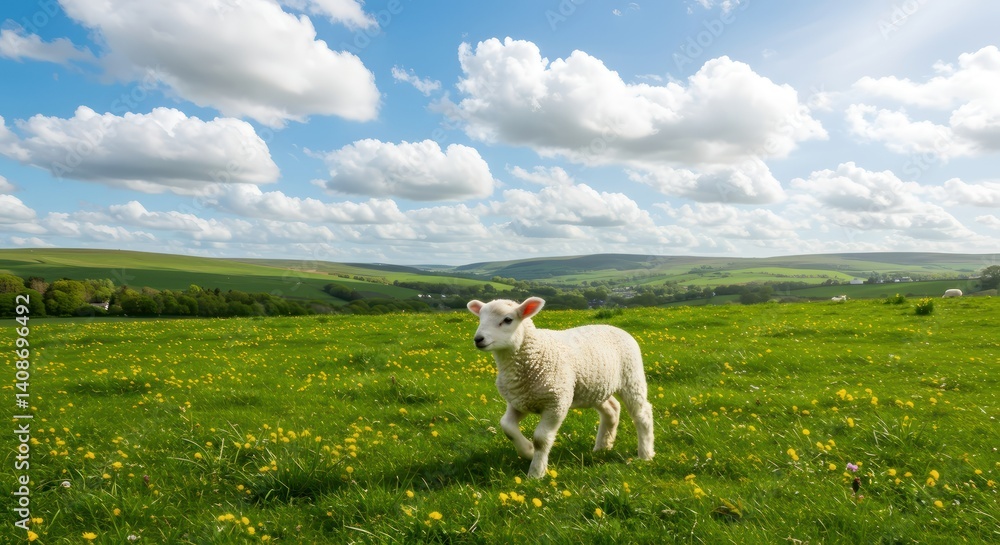 Obraz premium Lamb in Spring Meadow with Rolling Hills.