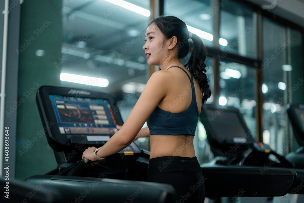 Fototapeta premium Young sportswoman starting running session on treadmill in modern gym