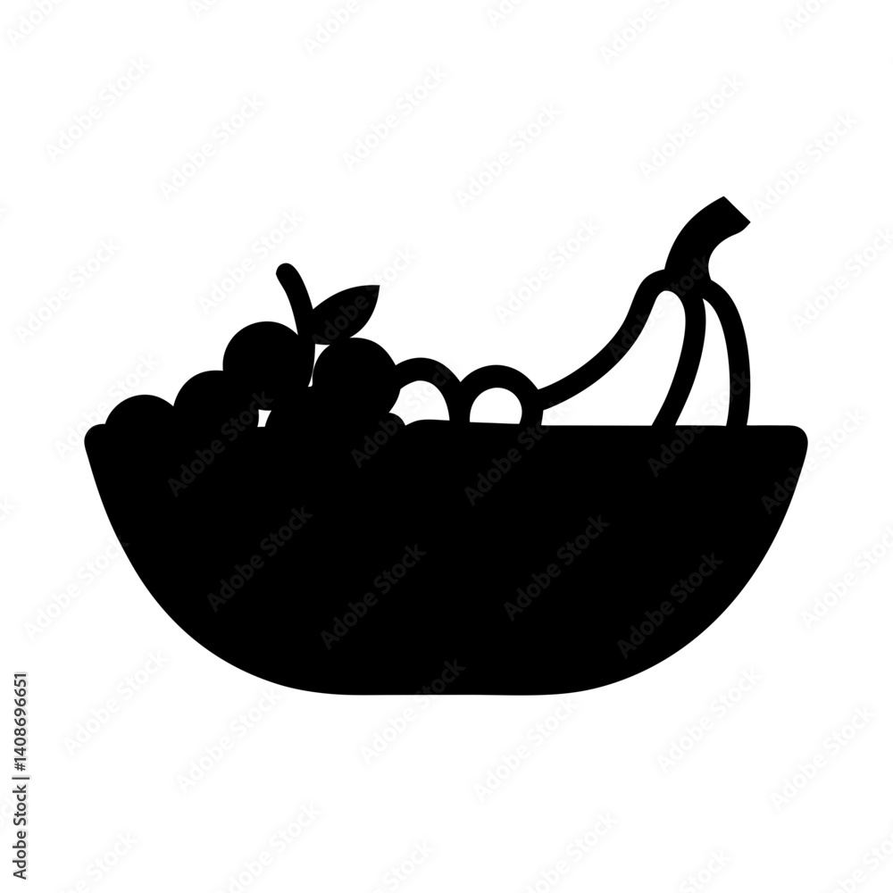 A black silhouette of a fruit bowl filled with bananas and grapes A black silhouette of a fruit bowl filled with bananas and grapes