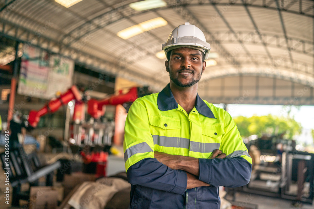 African American Engineer Working in Factory, Male Technician in Manufacturing Industry, Ensuring Safety Overseeing Machine Operations in Production Plant, Contributing to Business Growth Success African American Engineer Working in Factory, Male Technician in Manufacturing Industry, Ensuring Safety Overseeing Machine Operations in Production Plant, Contributing to Business Growth Success