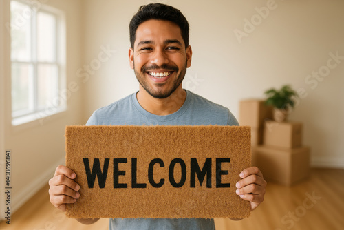 Smiling man holding welcome mat in new home with moving boxes in background