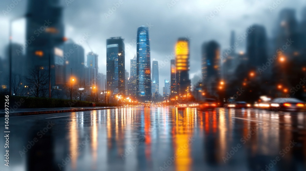Obraz premium Breathtaking view of a bustling city skyline at night with towering skyscrapers reflections in the wet streets and a network of illuminated roads and highways showcasing the vibrant dynamic