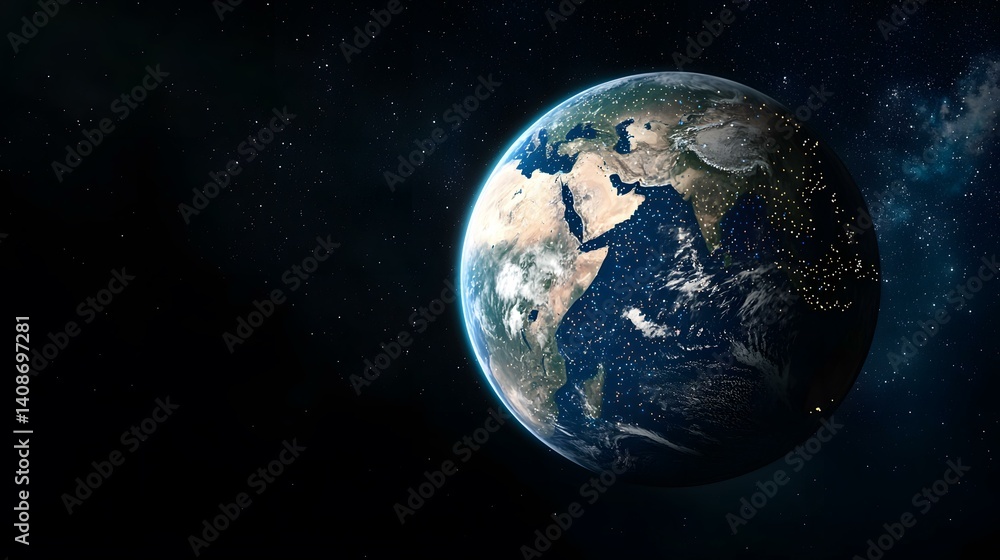 The image shows planet Earth from space, against a backdrop of stars.A medium description sentence: A vibrant Earth, swirling with clouds and pinpricks of city lights, hangs in the inky blackness of The image shows planet Earth from space, against a backdrop of stars.A medium description sentence: A vibrant Earth, swirling with clouds and pinpricks of city lights, hangs in the inky blackness of