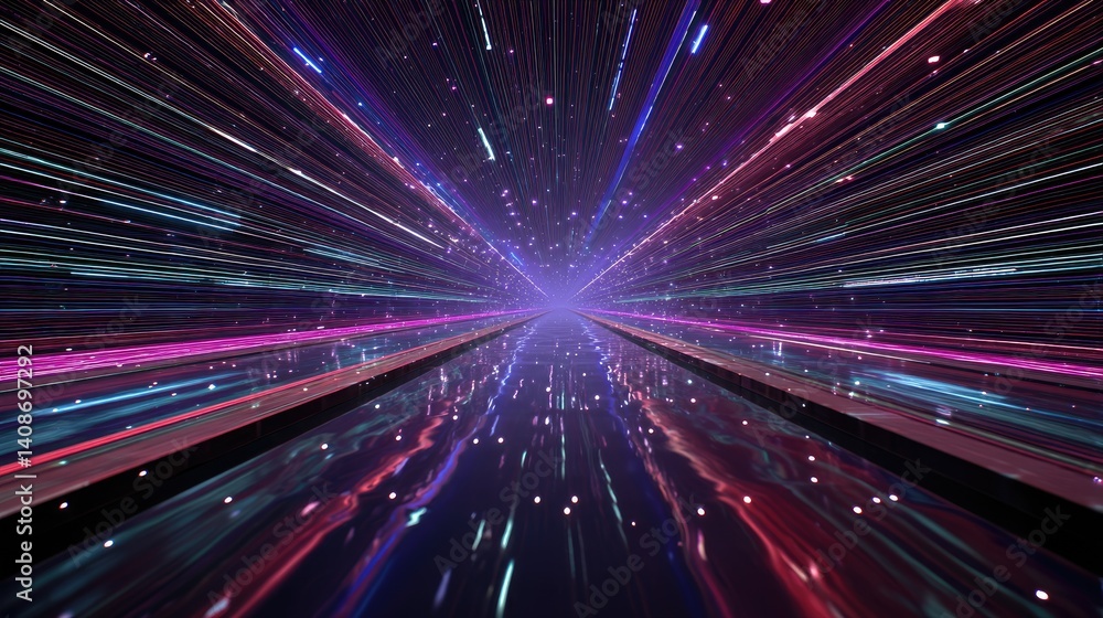 Fototapeta premium Hyperspace: A visual journey through an electrifying tunnel of light, radiating from a central point and creating an immersive sense of speed, representing movement and forward motion.