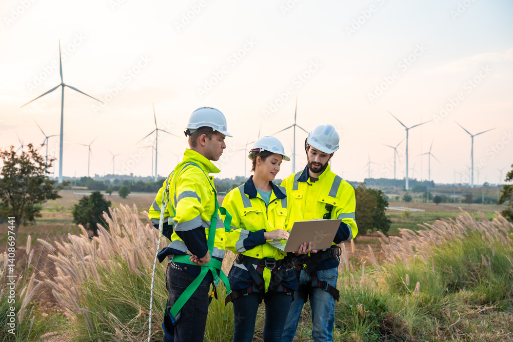 Technician and Engineer Working on a Windmill Turbine in the Field, Harnessing Renewable Energy for Sustainable Power Generation, Using Advanced Technology and Innovation to Support the Environmental Technician and Engineer Working on a Windmill Turbine in the Field, Harnessing Renewable Energy for Sustainable Power Generation, Using Advanced Technology and Innovation to Support the Environmental