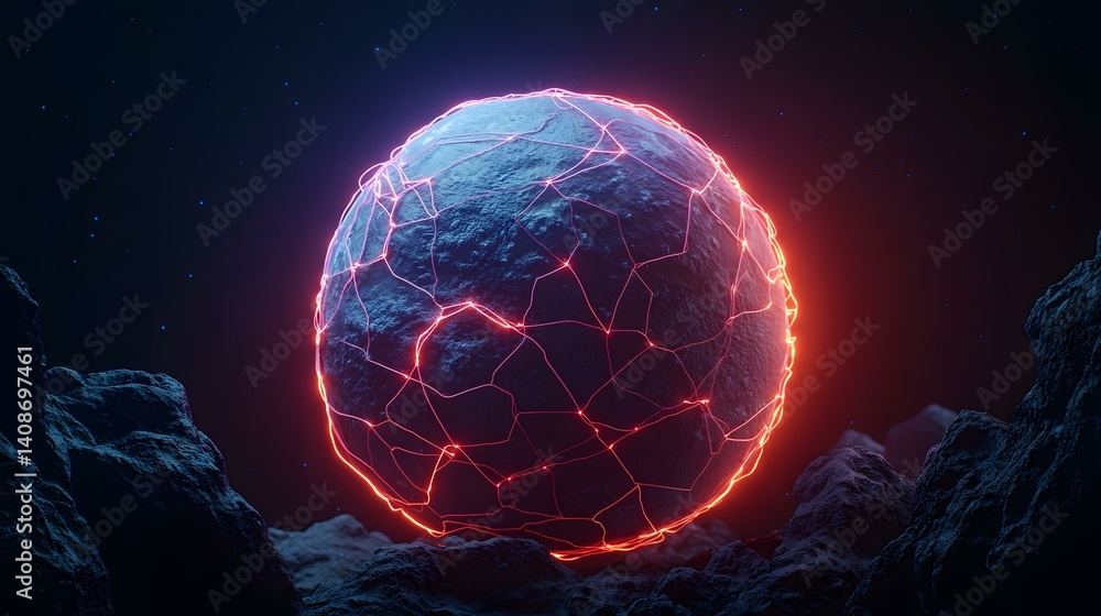 Obraz premium A glowing, rocky orb, encased in a network of fiery lines, rests amidst dark, craggy asteroids under a starry sky.