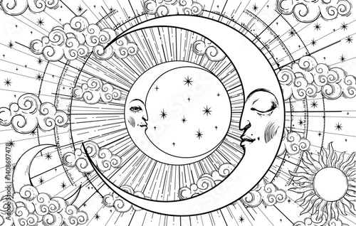 Mystical astrological coloring book for adults, crescent moon with face on sky background with stars, vector esoteric zodiac poster, horoscope, tarot.