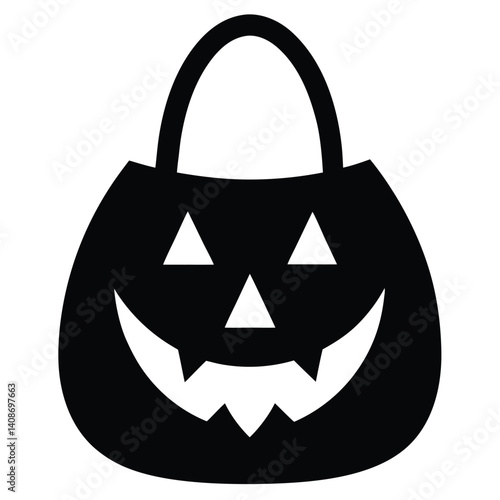 Black silhouette of Halloween pumpkin bucket with face on transparent background