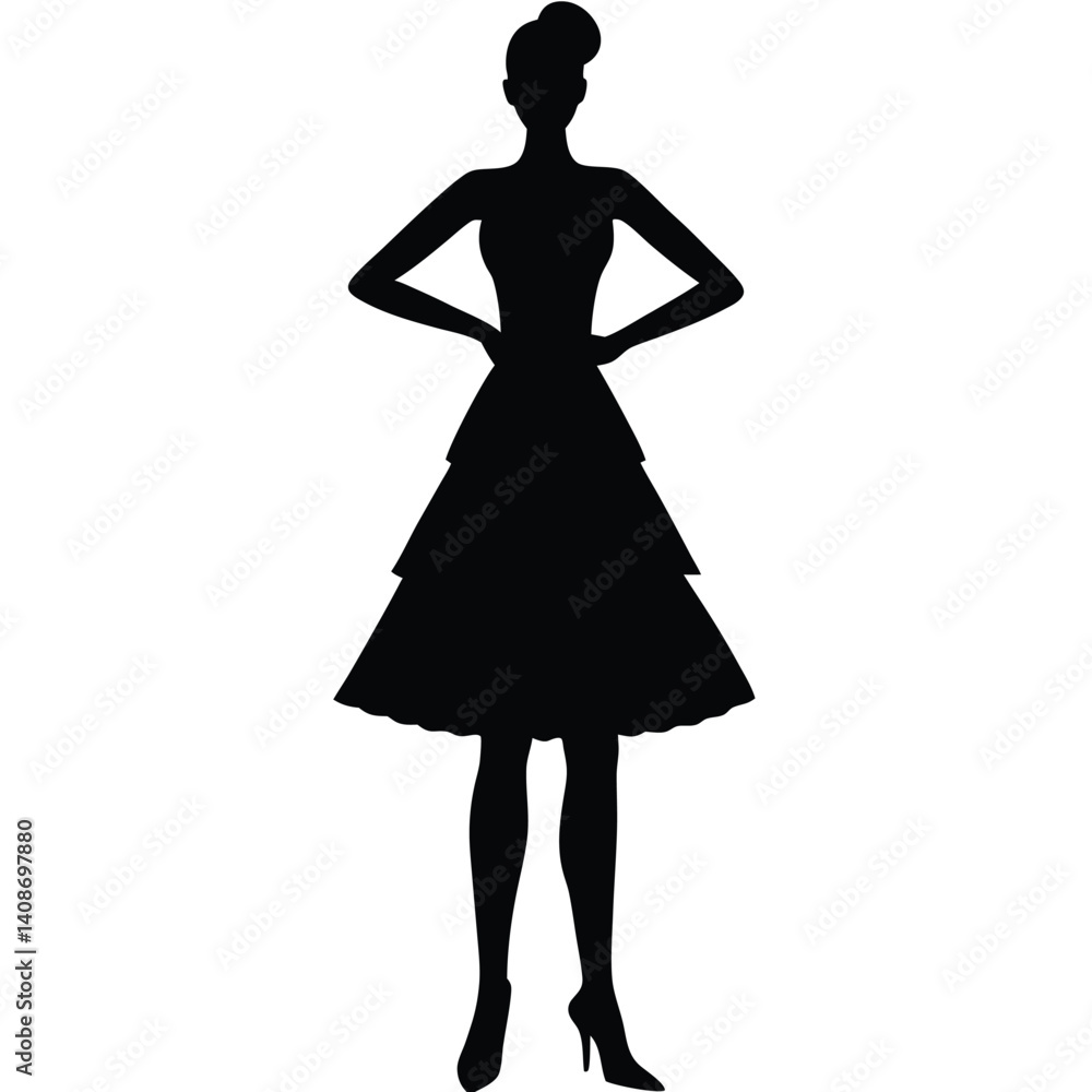 Black Silhouette of Woman in Dress with Hands on Hips on Transparent Background Black Silhouette of Woman in Dress with Hands on Hips on Transparent Background