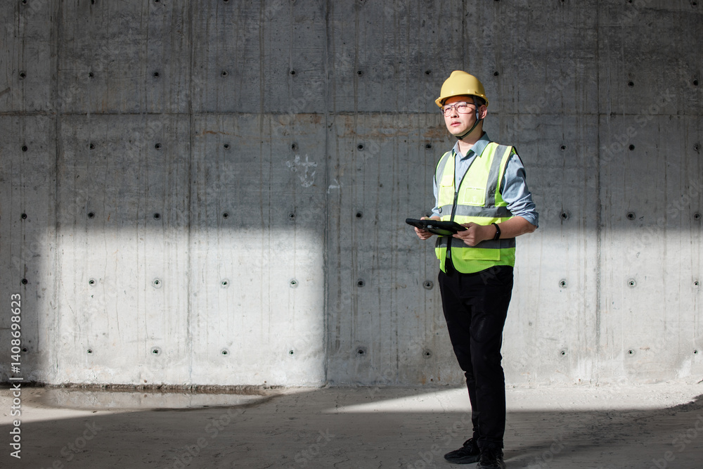 asian male engineer working on digital tablet in construction site asian male engineer working on digital tablet in construction site