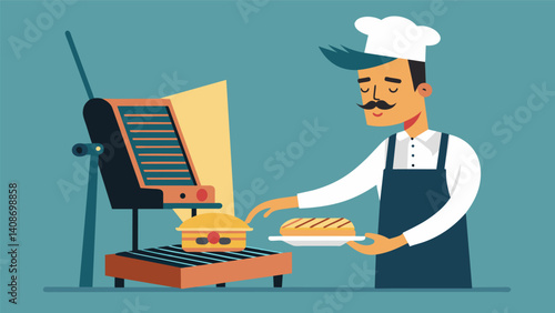 An oldfashioned sandwich maker carefully aligning the press on a panini grill to create a mouthwatering Cuban sandwich.. Vector illustration