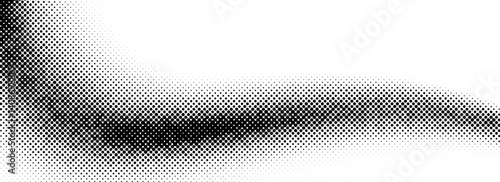 Black halftone wave background. Abstract grain fluid backdrop texture. Dotted curved flowing dot wallpaper. Grit swoosh overlay element for poster, banner, template, brochure, flyer, leaflet. Vector