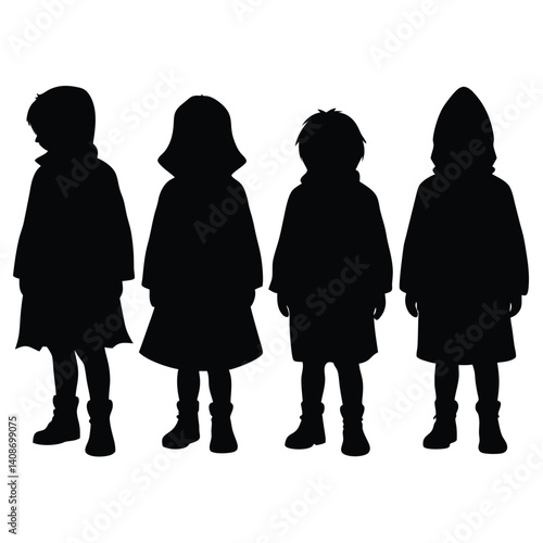 Children Silhouette in Coats Standing Together on White Background