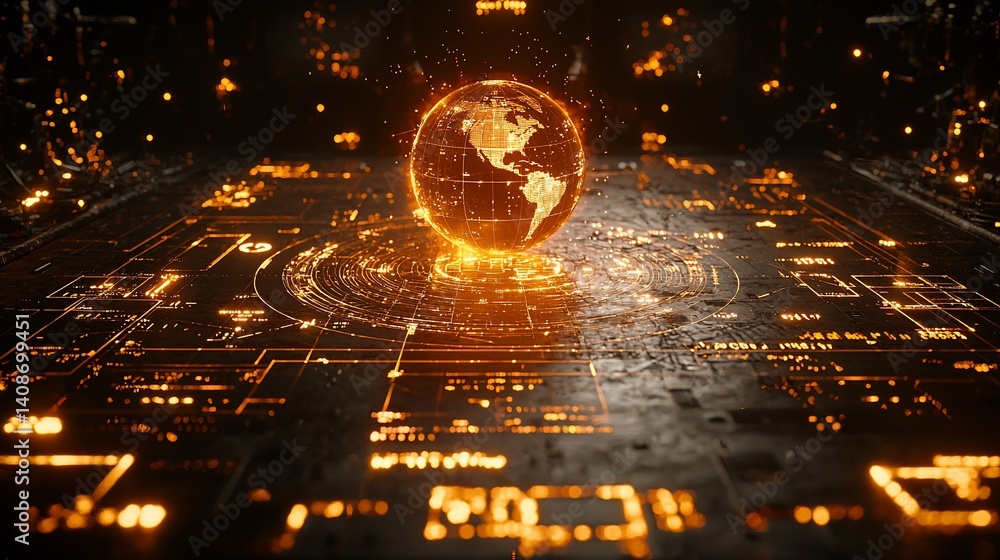 Glowing digital Earth on futuristic circuit board Glowing digital Earth on futuristic circuit board