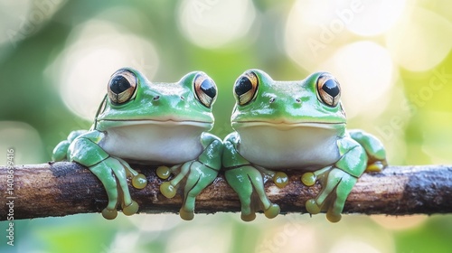 Two frogs sit on a branch photo