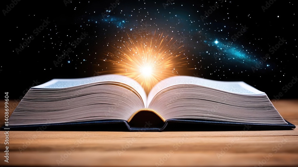 Open book under starry sky blending dreamlike imagination concept. A mystical book opened under a cosmic backdrop with radiant light. Open book under starry sky blending dreamlike imagination concept. A mystical book opened under a cosmic backdrop with radiant light.