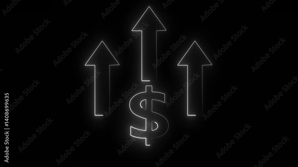 Glowing neon line of dollar sign icon and up arrow isolated on transparent background. arrow animation coloring chroma down light .white color arrow and black background . Glowing neon line of dollar sign icon and up arrow isolated on transparent background. arrow animation coloring chroma down light .white color arrow and black background .