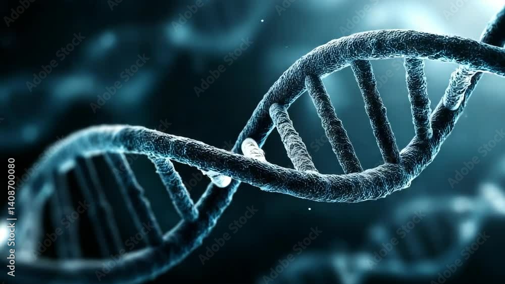Detailed rendering of a double helix DNA structure against a dark blue background showcasing biotechnology concepts Detailed rendering of a double helix DNA structure against a dark blue background showcasing biotechnology concepts
