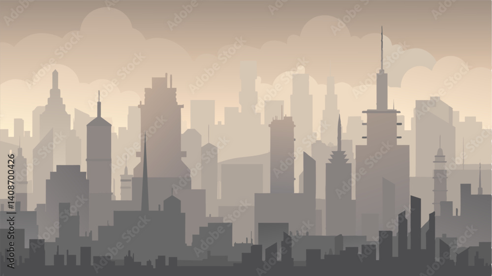 The citys silhouette was ly visible through the blanket of pollution that hung over it a result of unchecked emissions.. Vector illustration The citys silhouette was ly visible through the blanket of pollution that hung over it a result of unchecked emissions.. Vector illustration