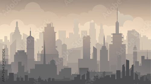 The citys silhouette was ly visible through the blanket of pollution that hung over it a result of unchecked emissions.. Vector illustration