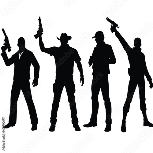 Four men silhouettes holding guns, pointing upwards with transparent background