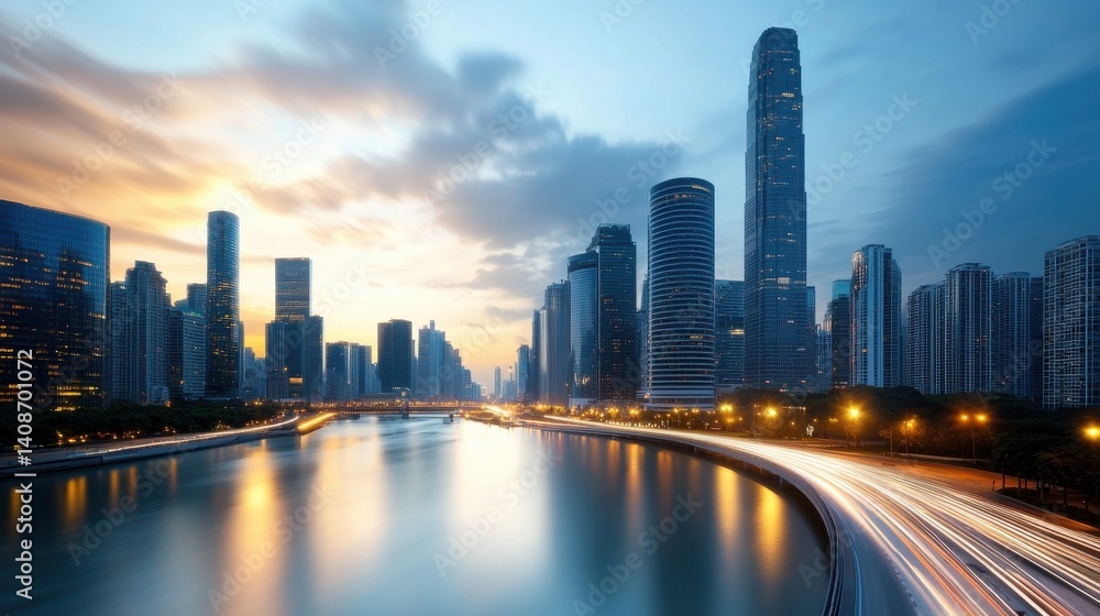 Obraz premium Breathtaking panoramic view of a modern futuristic city skyline with towering high rise office buildings and skyscrapers reflected in the calm waters of a river